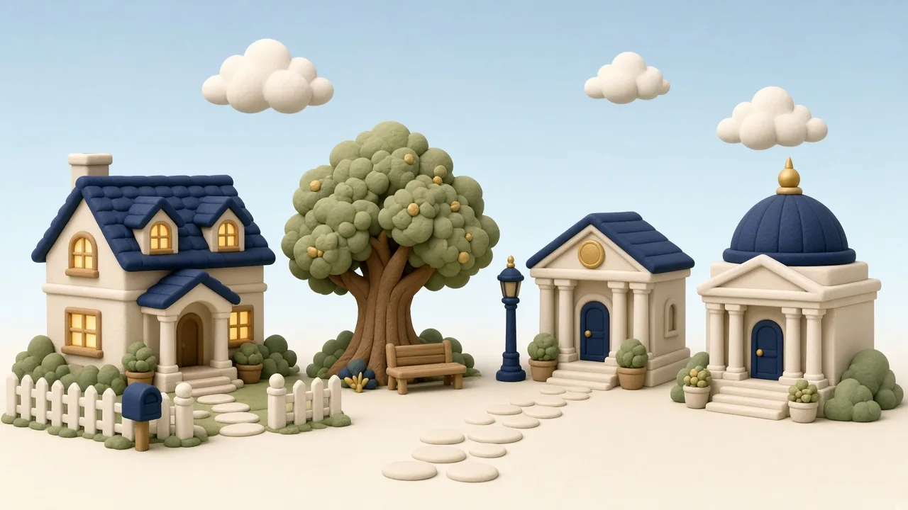 Illustrated neighborhood showing a family home, an old oak tree, an attorney's office and a courthouse along a quiet street